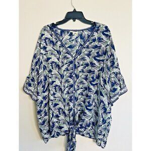 Max Studio Tropical Ruffle Sleeve Tie Peasant Blouse Womens‎ 1X Blue Palm Leaves